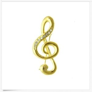 Gold Music Clef Note Pin Brooch Crystal BIG
